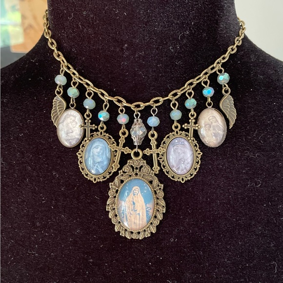Hand Crafted Jewelry - Mother Mary Antique Image Medals Festoon, Bib Choker VTG Czech Crystal Beads